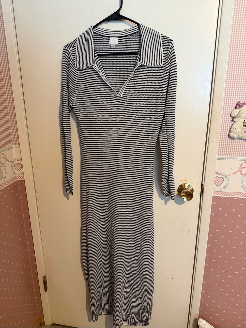 a new day Black & White Striped Long-Sleeve Collared Knit Maxi Dress